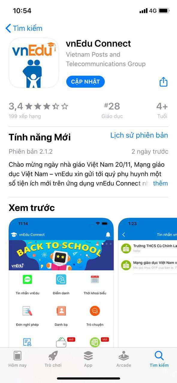 Trên hệ điều hành IOS/ App Store tìm kiếm với từ khóa: vnEdu Connect và chọn tải ứng dụng 